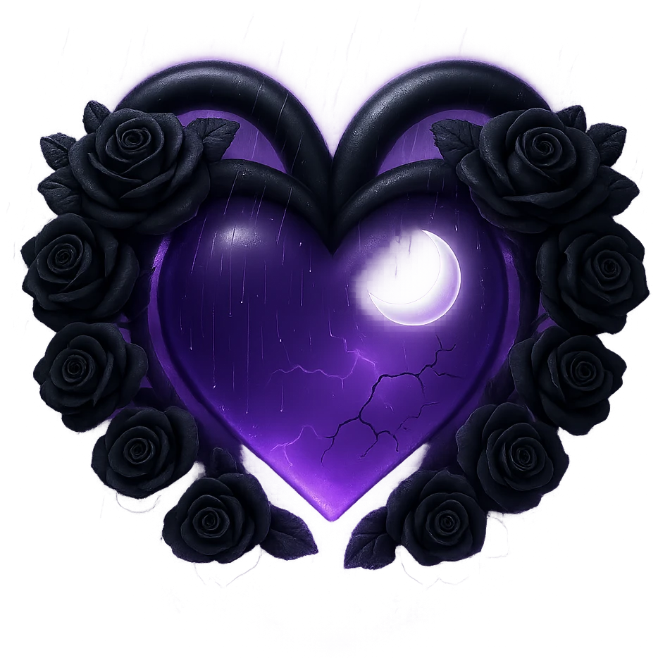 Add a glowing aura around the gothic heart, keeping the prominent black roses, purple glass with a crescent moon, dripping effect, faint lightning in the background, much more rain and thick mist, cracked glass with a glowing mist. The style should resemble 3D emoji style. Remove the background. emoji
