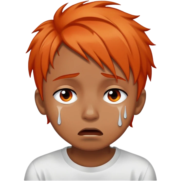brownskin boy with emo orange hair, red and black eyes, crying white tears, more cartoonish emoji