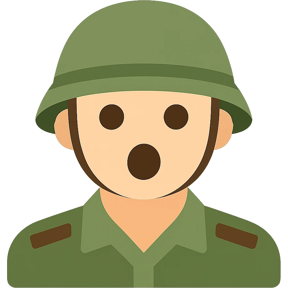 Convert this surprised soldier icon to a clean and modern color version with natural skin tones, a green or khaki helmet, and subtle shading. Keep the style clean and modern with a transparent background. emoji