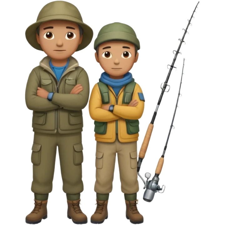 Father and son in fishing gear, arms crossed because they are cold full body emoji