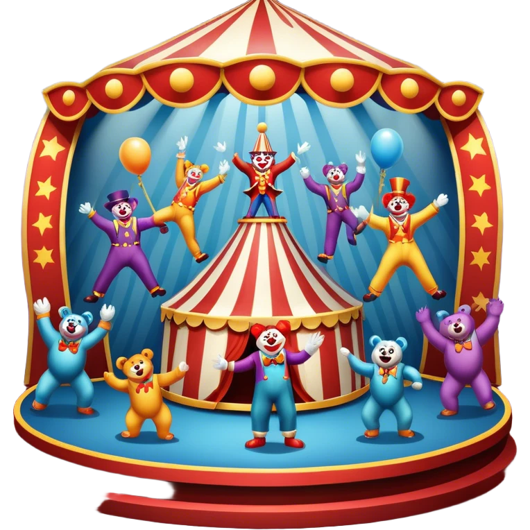 Professional icon for Circus Arts: a dynamic circus stage with acrobats in mid-performance, a clown and trained performing bears. The icon should convey the skill and excitement of the circus, with precise details on costumes, props, and the arena setting. Transparent background. emoji