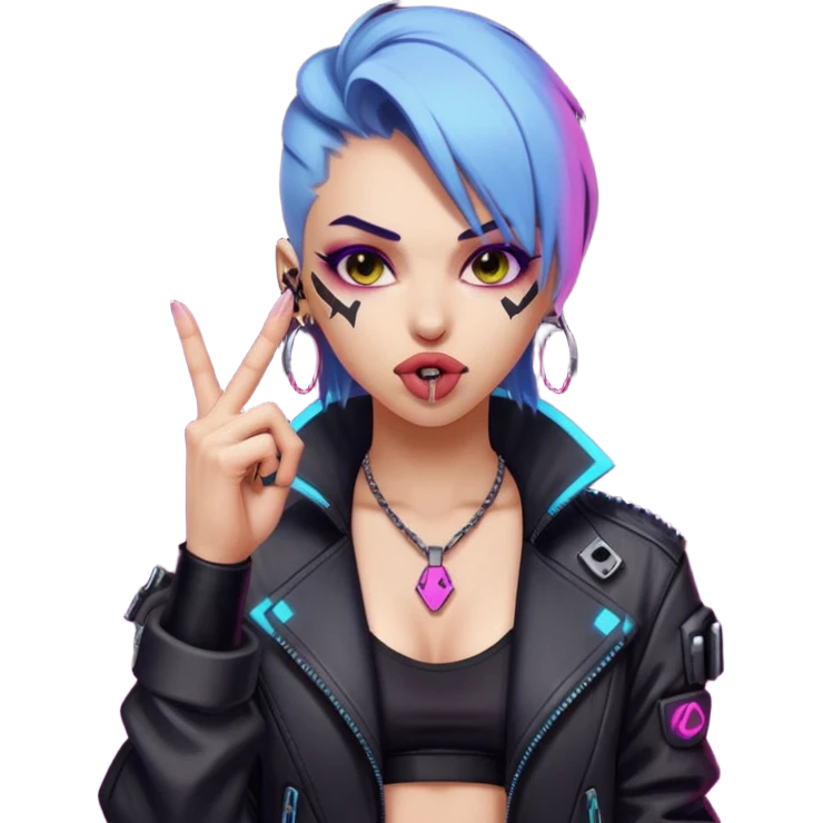 Woman with her tongue out in cyberpunk clothing and giving the middle finger. Looking naughty. emoji