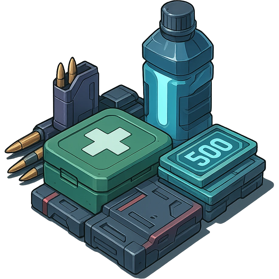 the image is the icon for a videogame  item. futuristic cyberpunk -ready to equip- it is master craftsmanship [ unequipped item ]
It is a pile of miscilaneous loot, some ammunition, credits, first-aid, and a hydrator, neatly bunched together, isometric view, orthographic - style of anime - neatly staged emoji