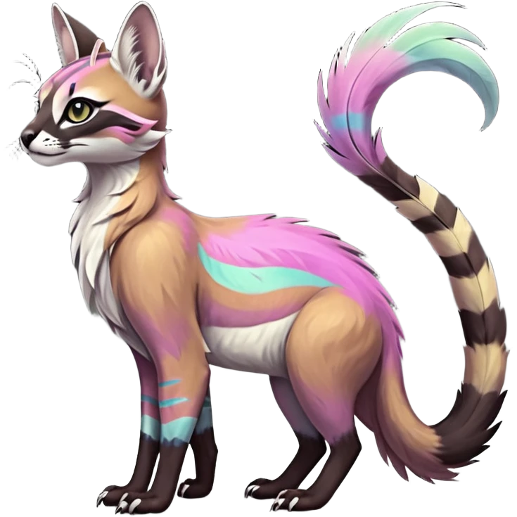 Colorful dark tropical feathery tribal pale light fruity pastel white glorious iridescent divine exotic cute cool beautiful beautiful fantasy-caracal-civet-genet-sergal-vernid-Gryphon-Cacomistle-Trico-oncilla-animal-Fakémon-hybrid-fursona (full body) emoji