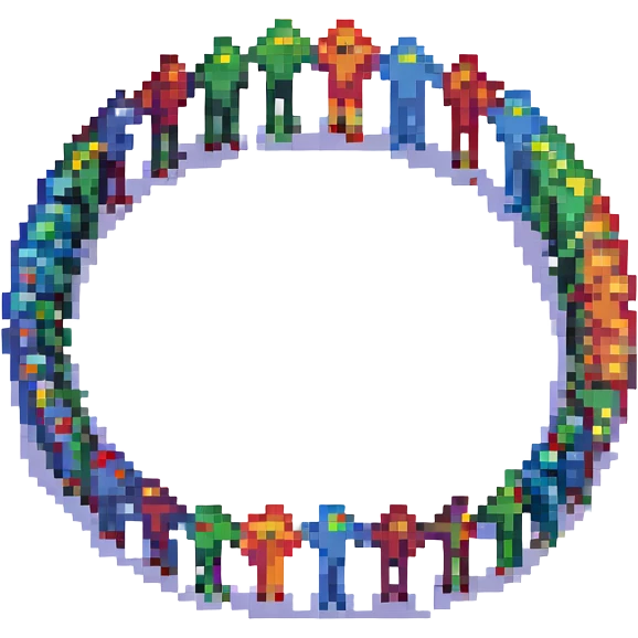 pixel art of three people standing in a circle, collaborative concept emoji