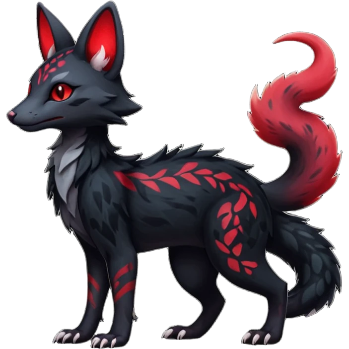 Feral Rare Fantasy   dark obsidian-black fur with crimson glowing runic markings Vernid-Sergal-Genet-Trico-species by LiLaiRa, random markings, tufted tail, tufted ears, full body emoji