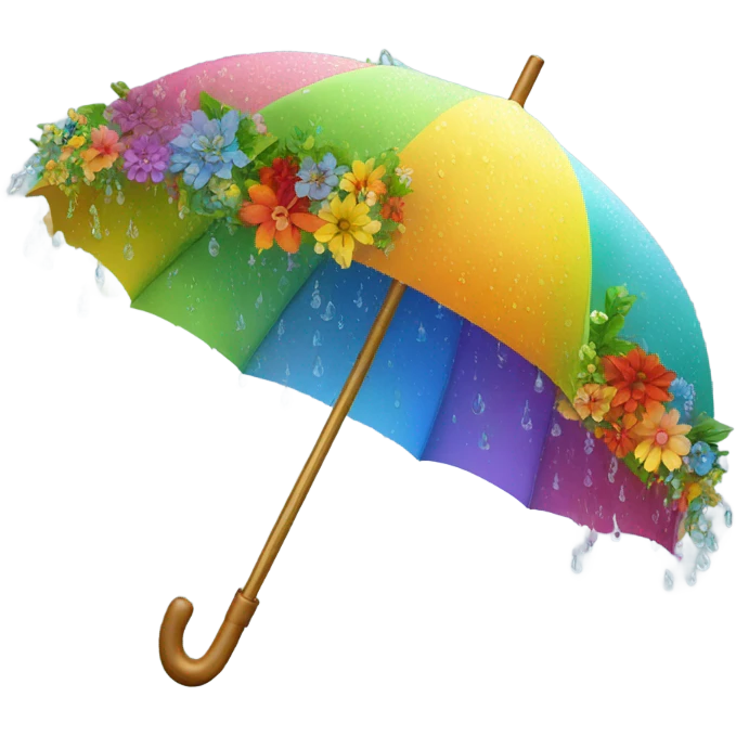 Rainbow umbrella made of flowers with dew drops dripping off and a large handle  emoji