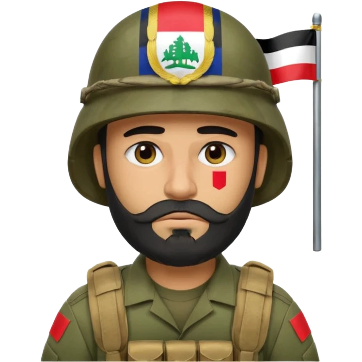 A very tired and sad, swarthy Iraqi soldier with a beard, an Iraqi flag on his helmet, a sad expression and bags under his eyes emoji