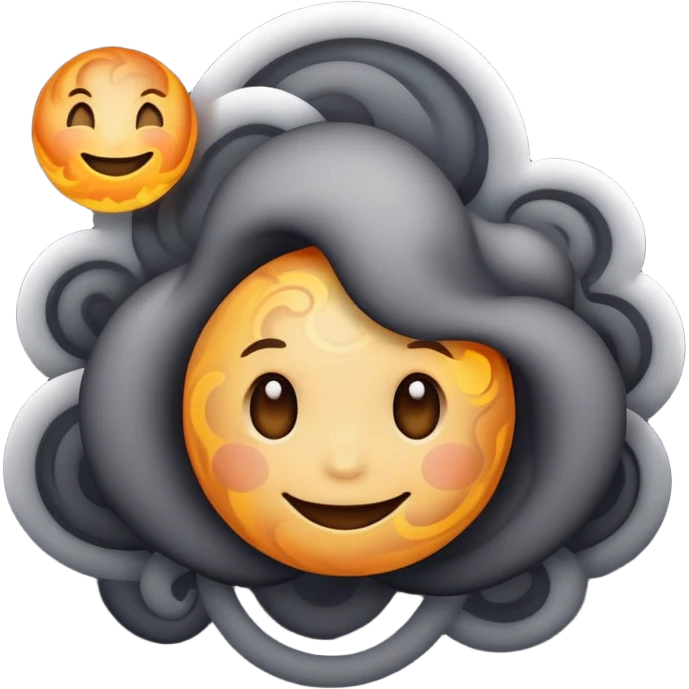 dark gray planet with smoky swirls and clouds with a cute smiling face emoji