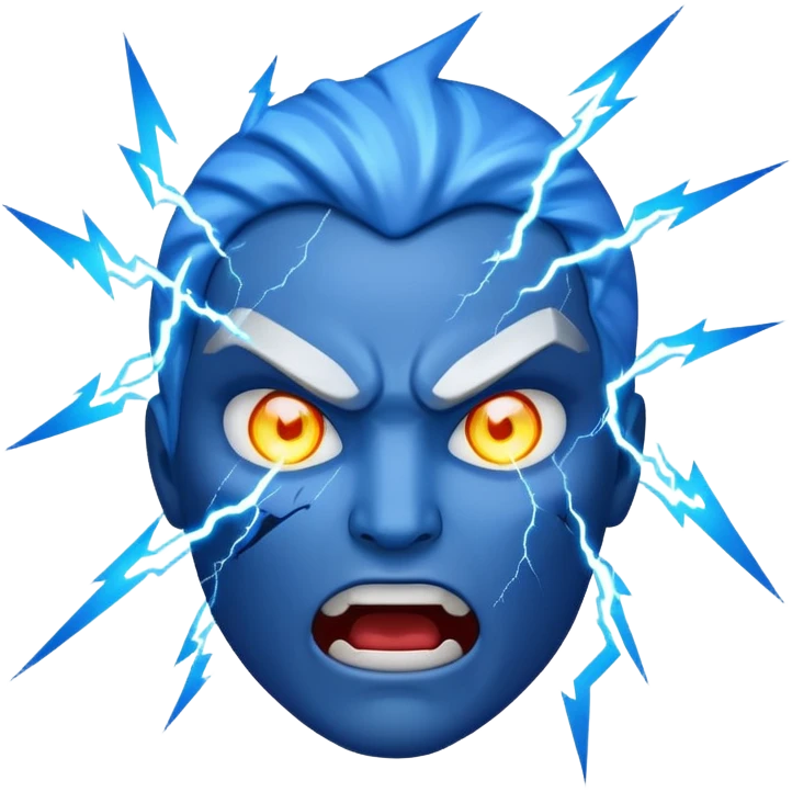Rayos, centellas y estrellas en una cara color azul con expresiones de furia emoji