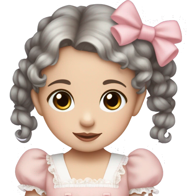 pale skin toddler girl with brown eyes and brown curly hair in two pigtails wearing a baby pink lolita dress with baby blue hair bows emoji