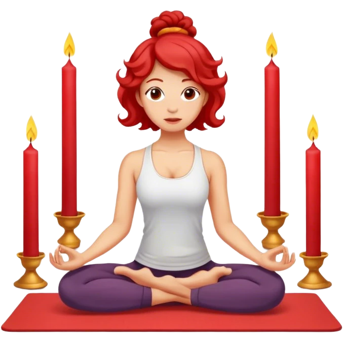 Light skin, yoga, red curled hair shoulder length, candles on the yoga mat emoji