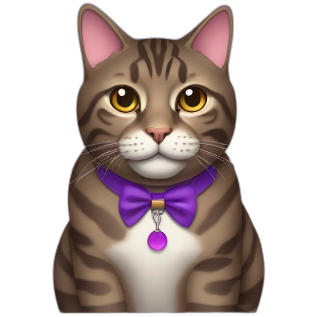 Fat dark brown tabby cat with a purple collar emoji