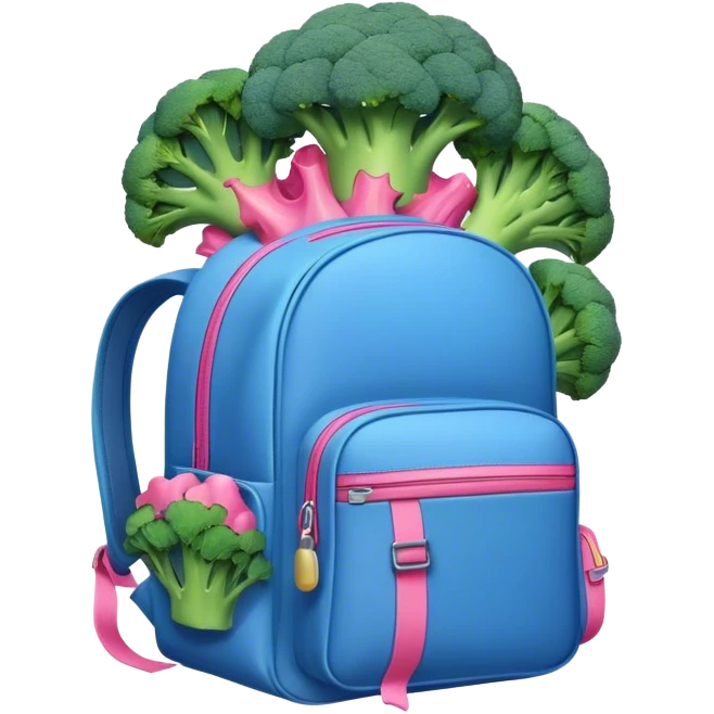 A Big Blue backpack with pink broccoli falling out emoji