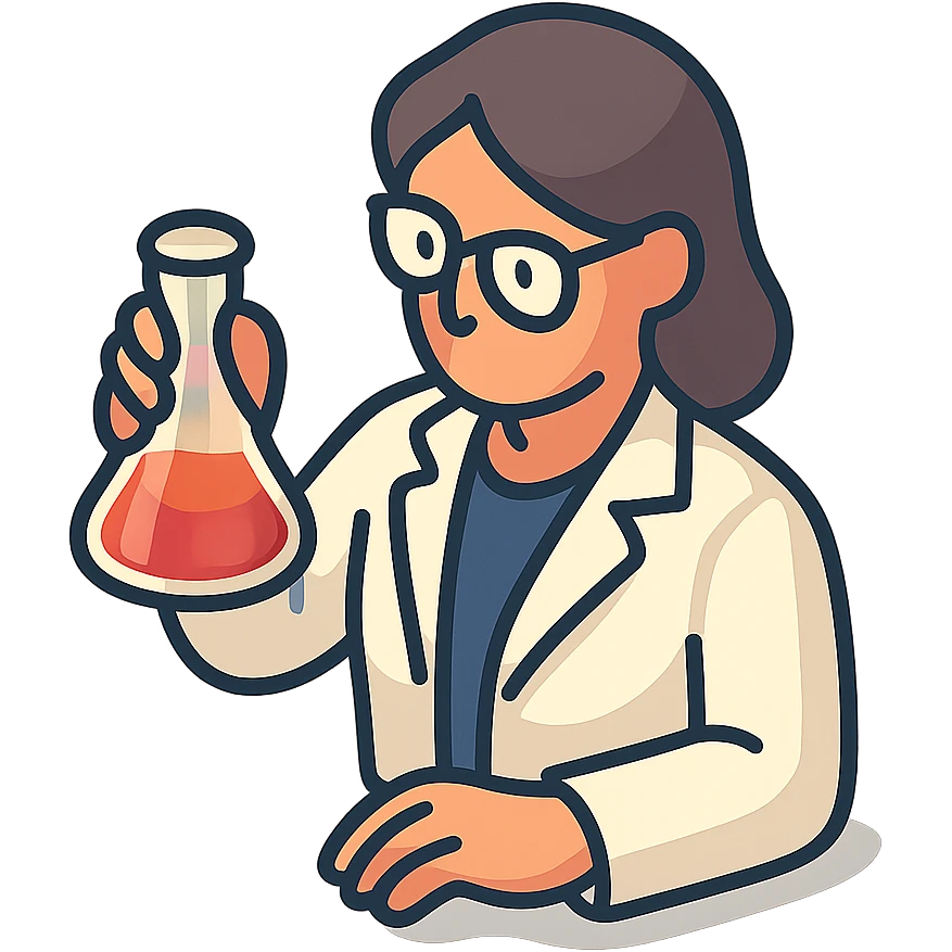 A female chemist, wearing glasses, white lab coat over indigo shirt, focusing on lab experiment, holding a flask in her right hand, waist-up emoji