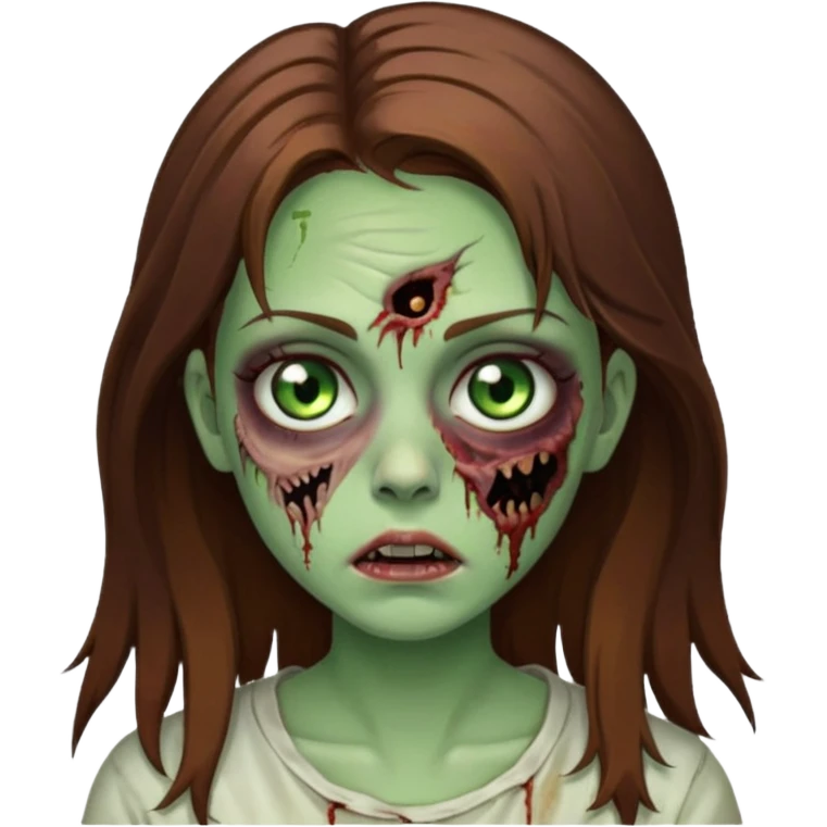 garota de cabelo castanho, olhos verdes, cilios grande e cara de zumbi emoji