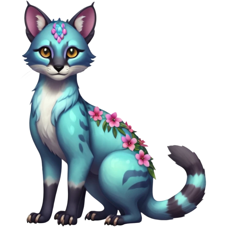 Colorful dark tropical white iridescent glorious divine exotic cute cool beautiful shiny beautiful floral fantasy-caracal-civet-genet-sergal-vernid-Cacomistle-oncilla-animal-Fakémon-hybrid-fursona (full body) emoji