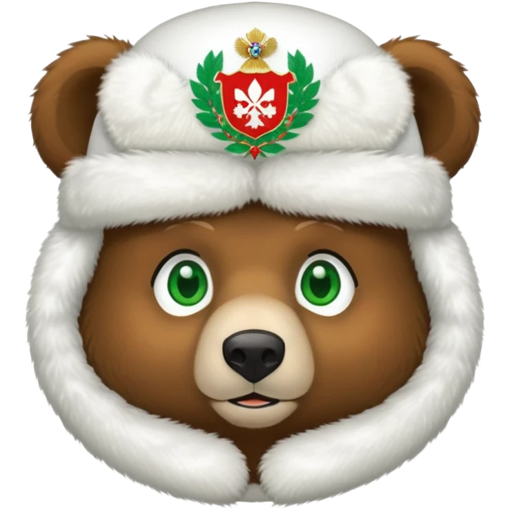 Sweet brown bear face with green eyes, white fluffy ushanka hat with very visible Russian Federation coat of arms in center, iOS emoji style emoji