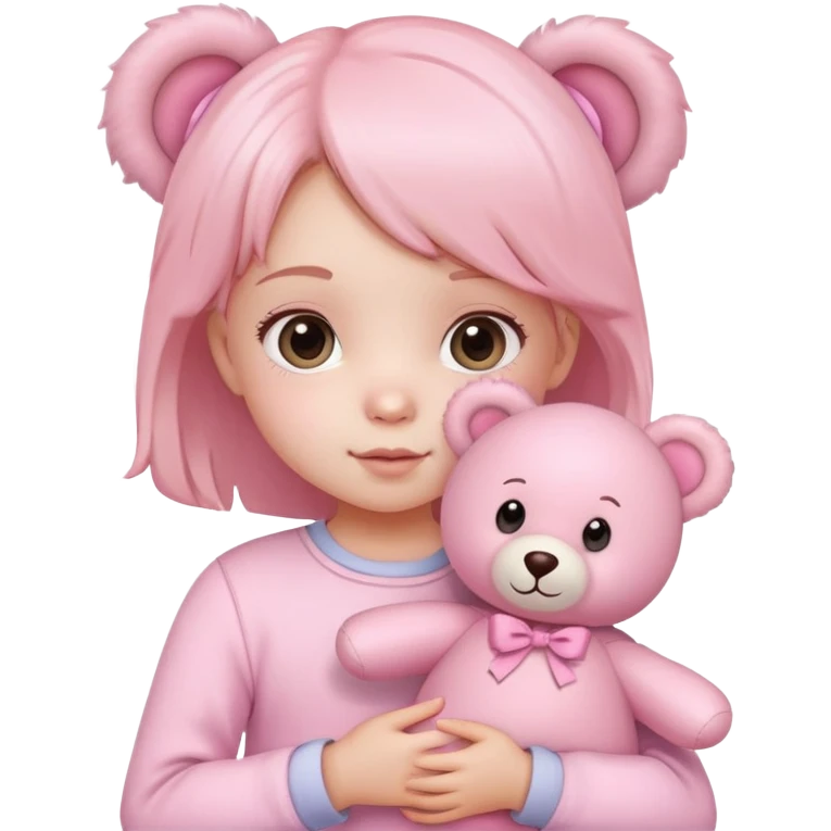 cute toddler girl with pastel pink clothes holding a pink teddy bear emoji