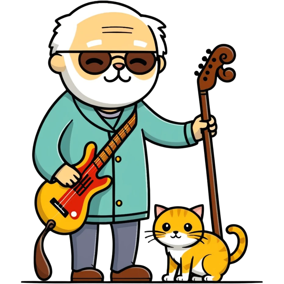  old blind man and his walking stick and guitar ￼ with golden cat  emoji