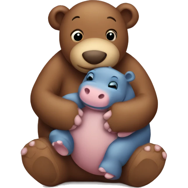 brown teddy bear hugging a baby hippo emoji