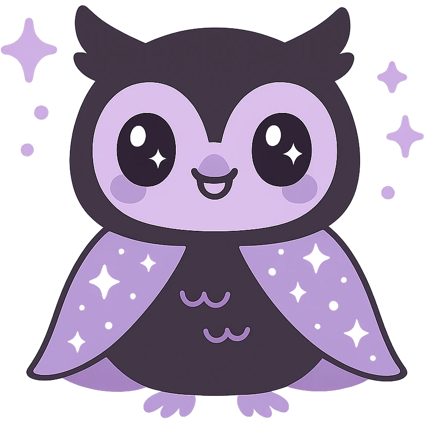 kawaii style magical gothic owl, cute face, black feathers, purple accents, wearing a starry cape, surrounded by magical sparkles, mysterious and friendly emoji