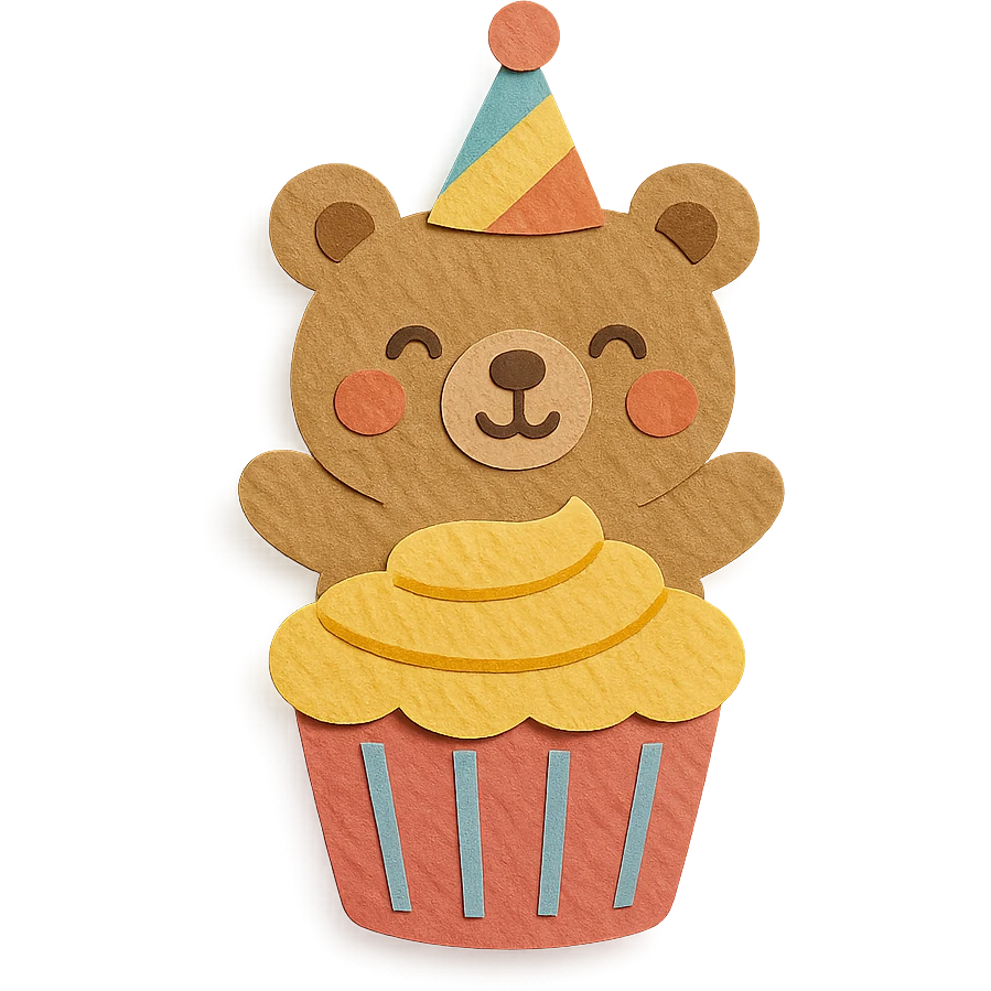fluffy bear popping out of a cupcake, wearing a party hat, paper-craft style emoji