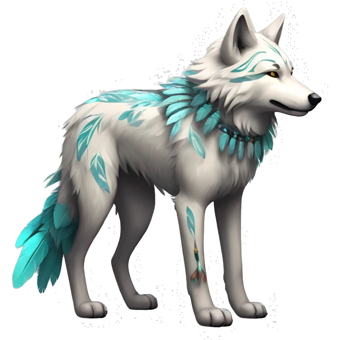 Fluffy Shy Spiritual Shamanic Wolf With Shiny Tribal Markings wearing feathers Full Body emoji