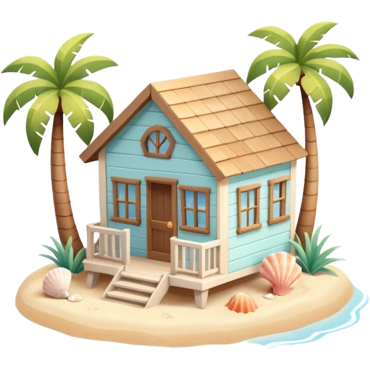 cute beach house, small seaside house, wooden walls, pastel colors, palm trees, seashells, warm sunlight, 3D cartoon, mobile game icon style, soft shadows, clean background, no text, no watermark
 emoji