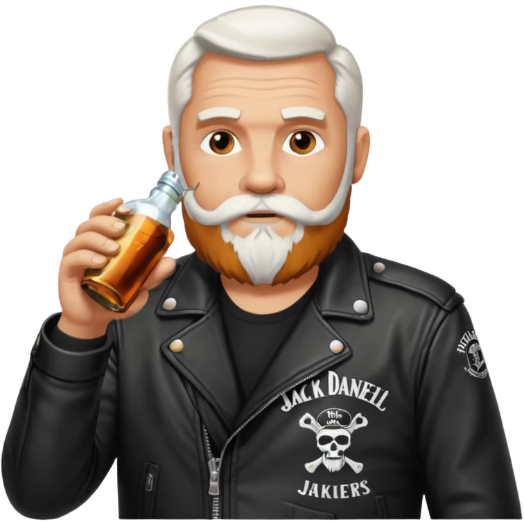 Un motero de barba blanca, chupa de cuero y bebiendo de una botella de Jack Daniel's. emoji