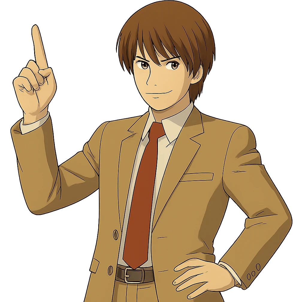 Create an exact Light Yagami in Ghibli style, standing with one hand pointing upward, wearing the same suit, with the same confident expression, on a transparent background. emoji