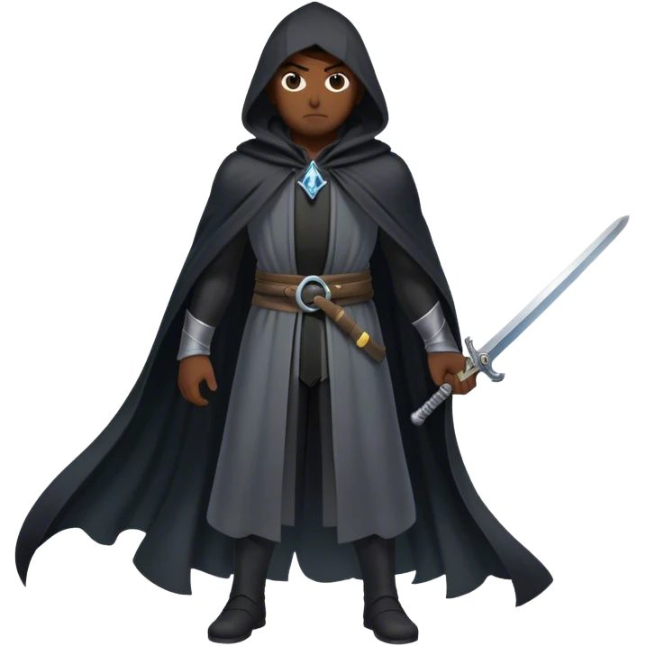 A mysterious swordsman in a black cloak, mist swirling around him emoji