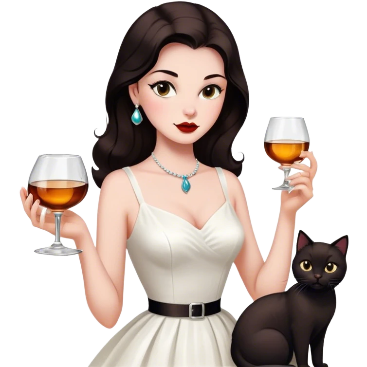 Beautiful woman in 1950’s woman fashion look, white dress, long dark brown hair, whisky with ice, black cat emoji