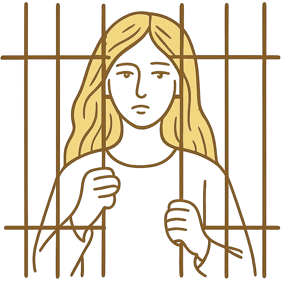 hand drawn outline style of a golden girl with long hair behind jail bars emoji
