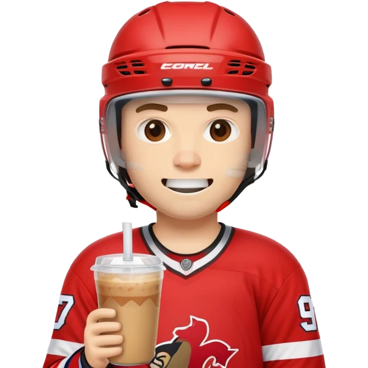 hockey player wearing red drinking an iced coffee wearing a helmet with missing teeth   emoji