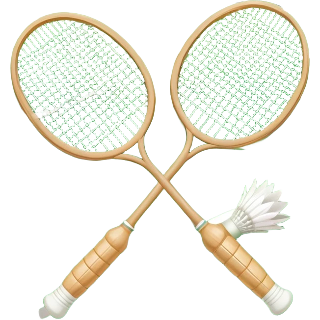 Two crossed badminton rackets with a shuttlecock resting in between, set against the faint outline of a badminton court. The image highlights the tools of the sport, with a subtle emphasis on the court's net and boundaries, symbolizing competition and skill. emoji