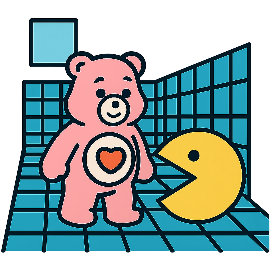 Care Bears and Pacman exploring a digital grid world, Tron-inspired emoji