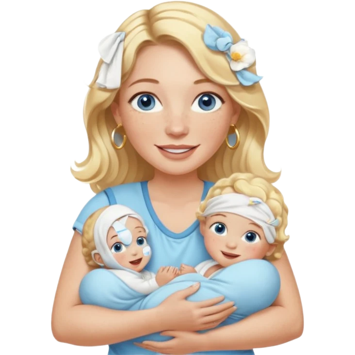 Wavy blonde, white woman with blue eyes, freckles hoop earrings, holding babies smiling and really cute in gold hoops she needs to be holding three newborns, and she needs to be more cute than pretty emoji