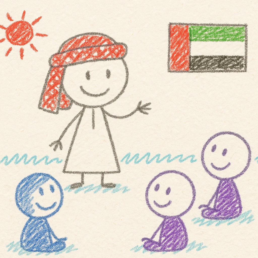 child in traditional Emirati dress presenting in front of the class, classmates watching, UAE flag on the wall, cheerful and kid-friendly illustration emoji
