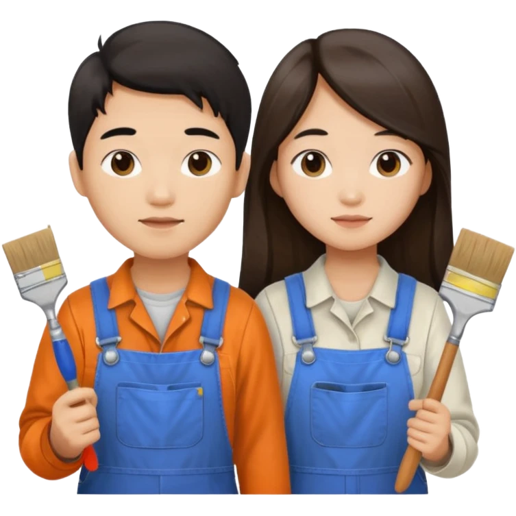 Asian boy with long hair  and girl painters emoji