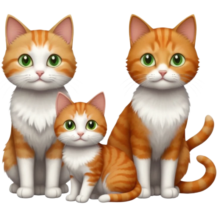 full body of 3 tiny short hair cats including a dark grey and white cat with green eyes, a ginger and white with orange eyes and a brown tabby and white with hazel eyes emoji