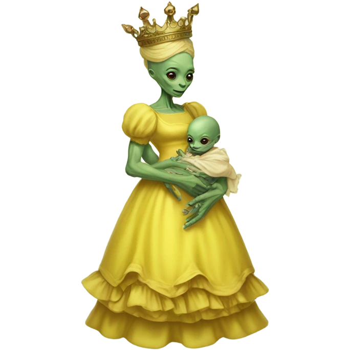  Reptilian alien woman, full body, in victorian jellow elegant dress, have a crown,holds a newborn humman baby emoji