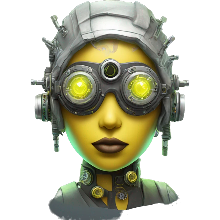 Neon yellow bobbed hair Latina female cyborg head with silver steampunk goggles and circuits emoji