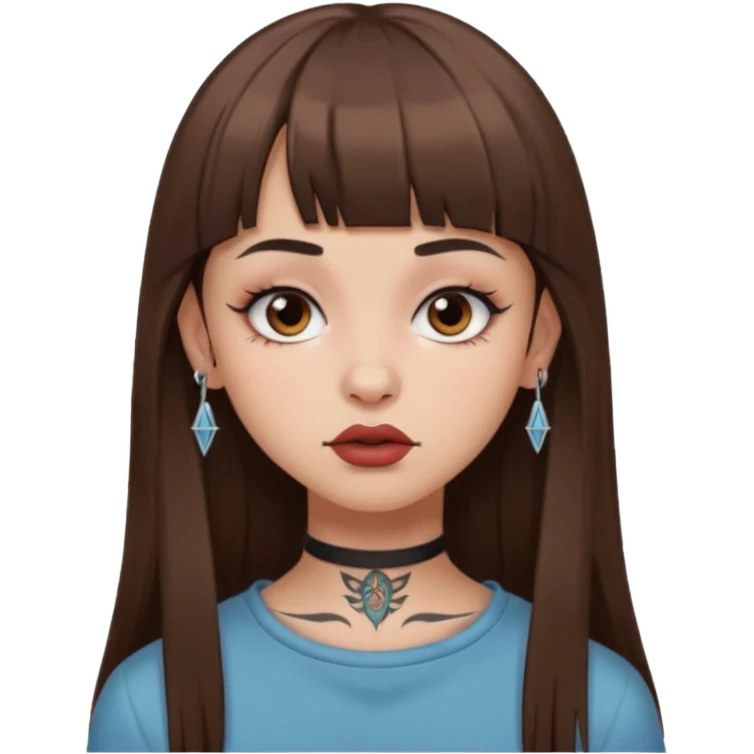 Alternative girl with long straight brown hair and micro bangs and a throat tattoo emoji
