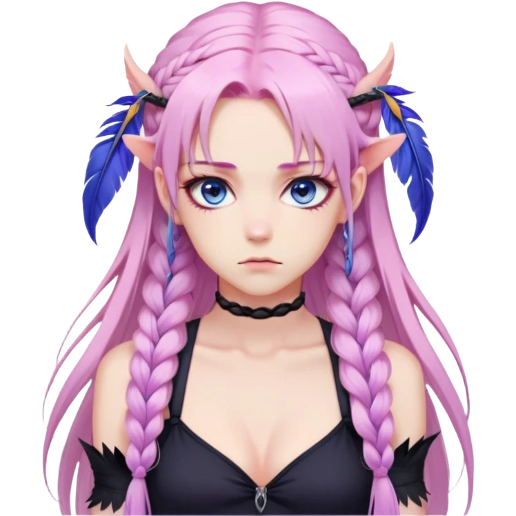 Gorgeous anime lady long-pale-pastel-pink-hair with one braid on each side, grumpy expression, purple-pink feather-ear-cuffs in hair, black bodysuit, blue eyes, pink iris, ethereal, fantasy, fashion aesthetic  emoji