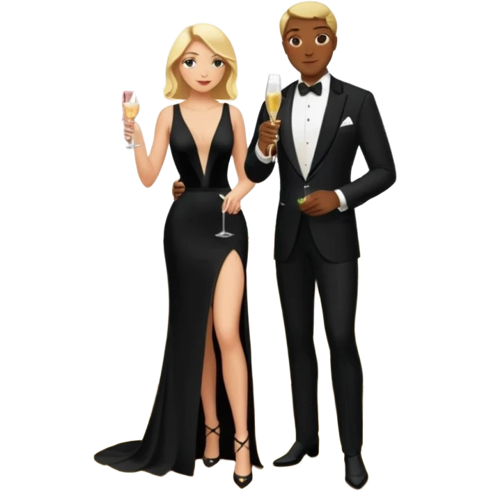 Blonde woman, black, Long, tight, sleveless Dress, Slot left Leg, man, DARK Hair, in Dinner jacket, Background ballroom, drinking champaign emoji