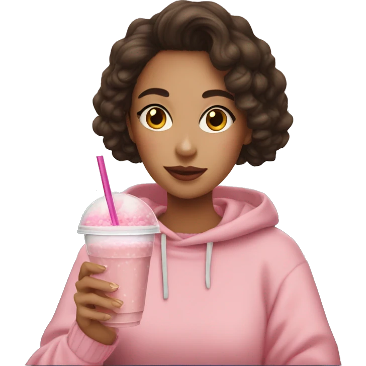 Brunette girl in a pink sweater drinking bubble tea emoji
