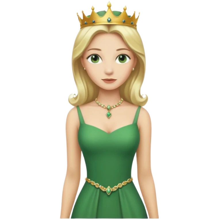 Queen, crown, blonde hair, green eyes, long green tight dress, whole Body, emoji