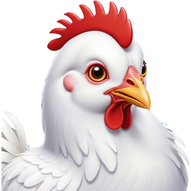 Cinematic Cute White Chicken Portrait Emoji, Head tilted playfully and inquisitively, featuring smooth, immaculate white feathers and a delicate red comb, round, sparkling beady eyes filled with curiosity, Simplified yet irresistibly adorable features, highly detailed, glowing with a warm, friendly glow, high shine, affectionate and lively, stylized with a touch of farmyard whimsy, bright and endearing, soft glowing outline, capturing the essence of a mischievous yet loving chicken, so playful it feels like it could peck out of the screen and into your arms! emoji