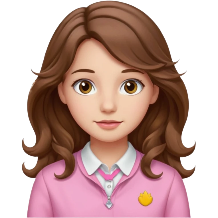 girl, long brown hair wavy, hazel eyes, pink preppy emoji